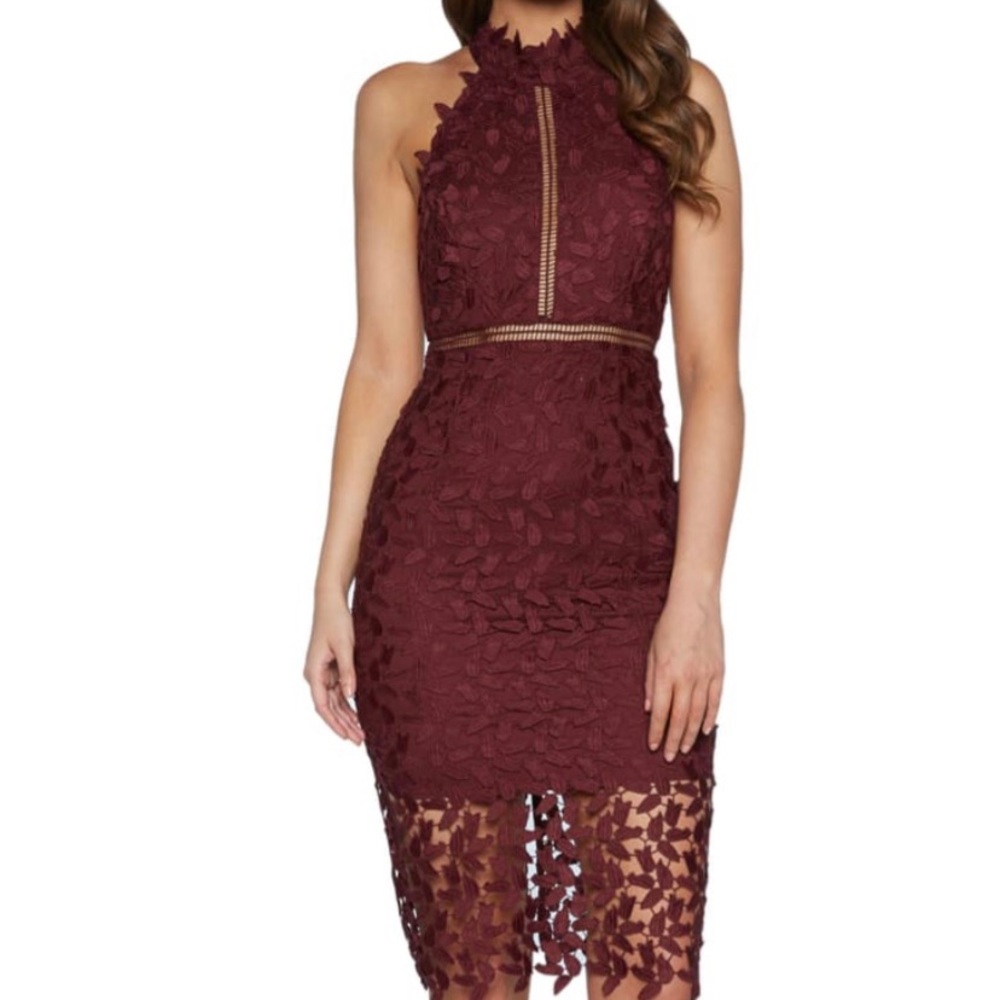 Bardot Gemma halter lace sheath dress burgundy